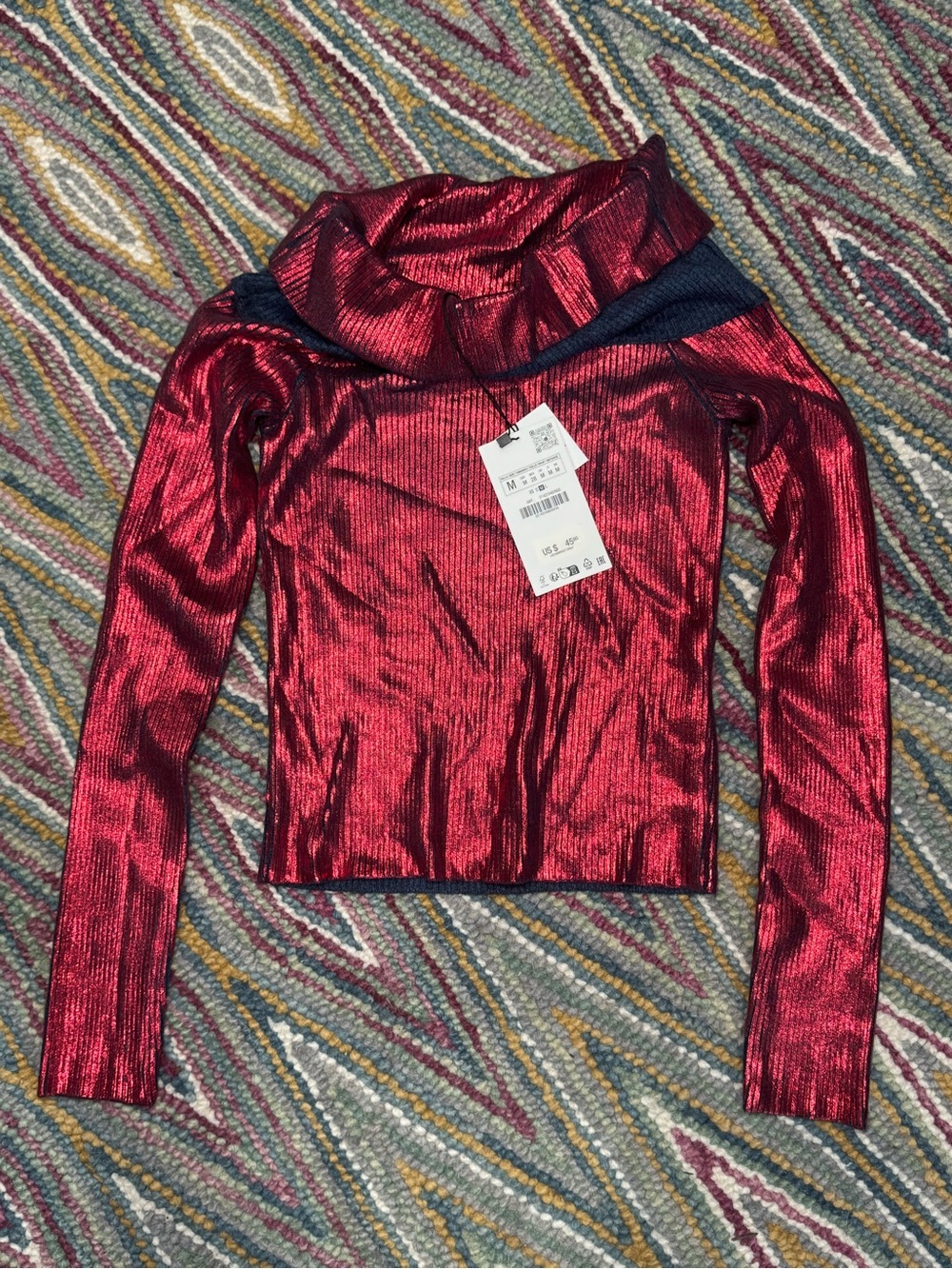 Zara Metallic Burgundy Red Off-Shoulder Long Sleeve Top